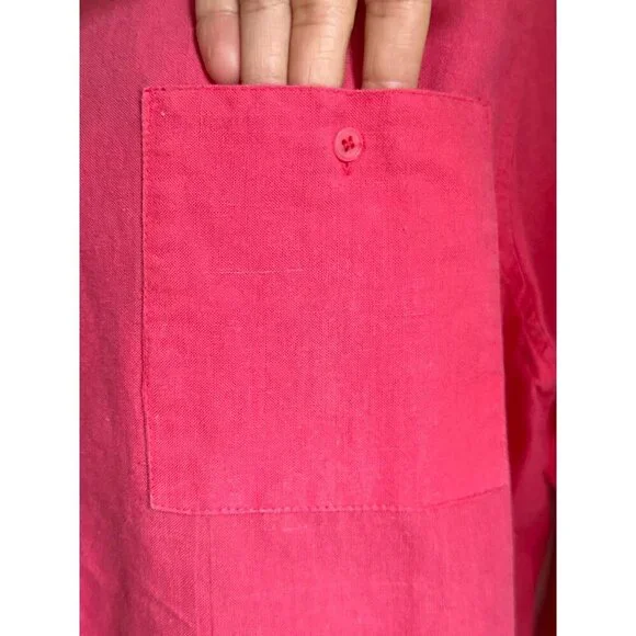 Vintage Pink Button-Up Linen Blend Shirt with Collared Neck & Chest Pockets - Picture 6 of 11